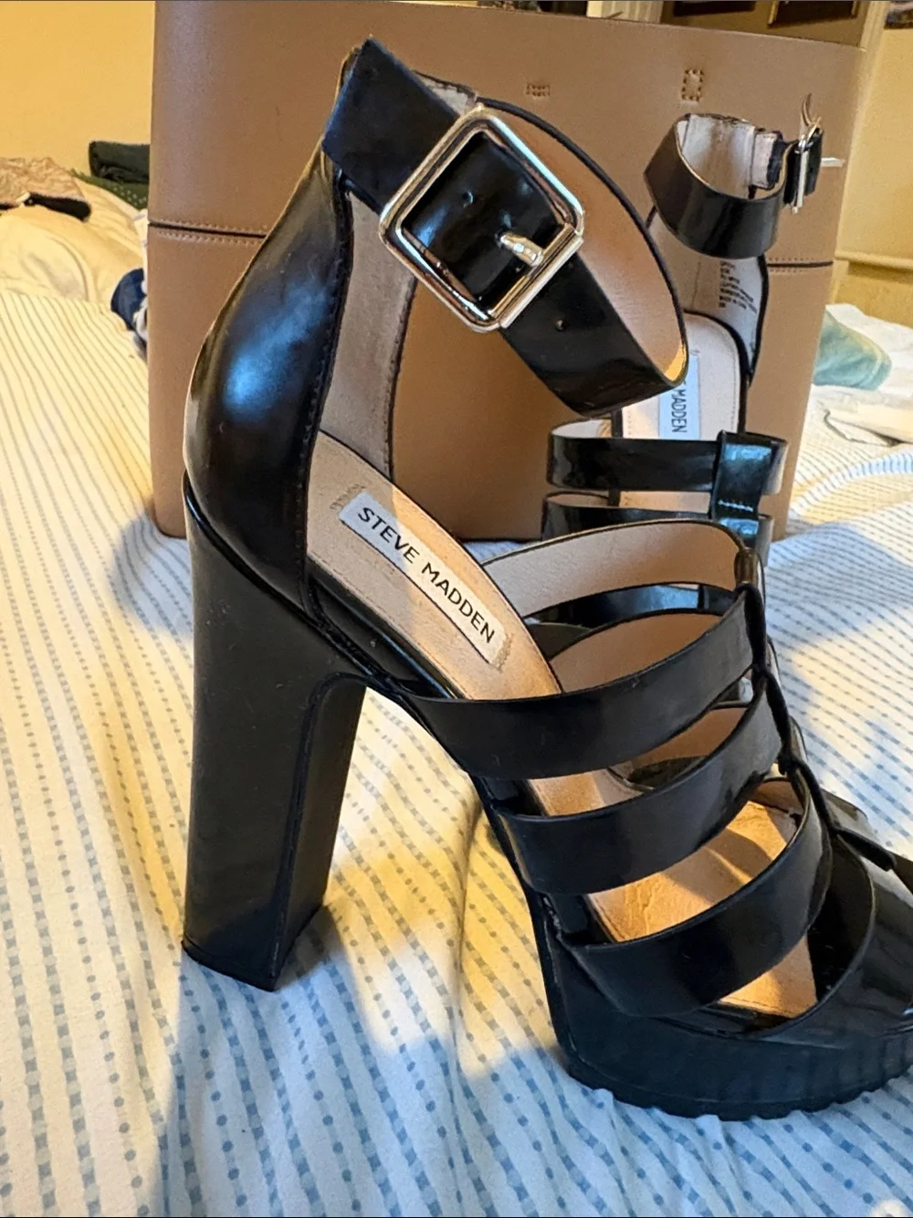 STEVEN Madden Black Patent Multi-Strap Platform Heels, size 8.5.